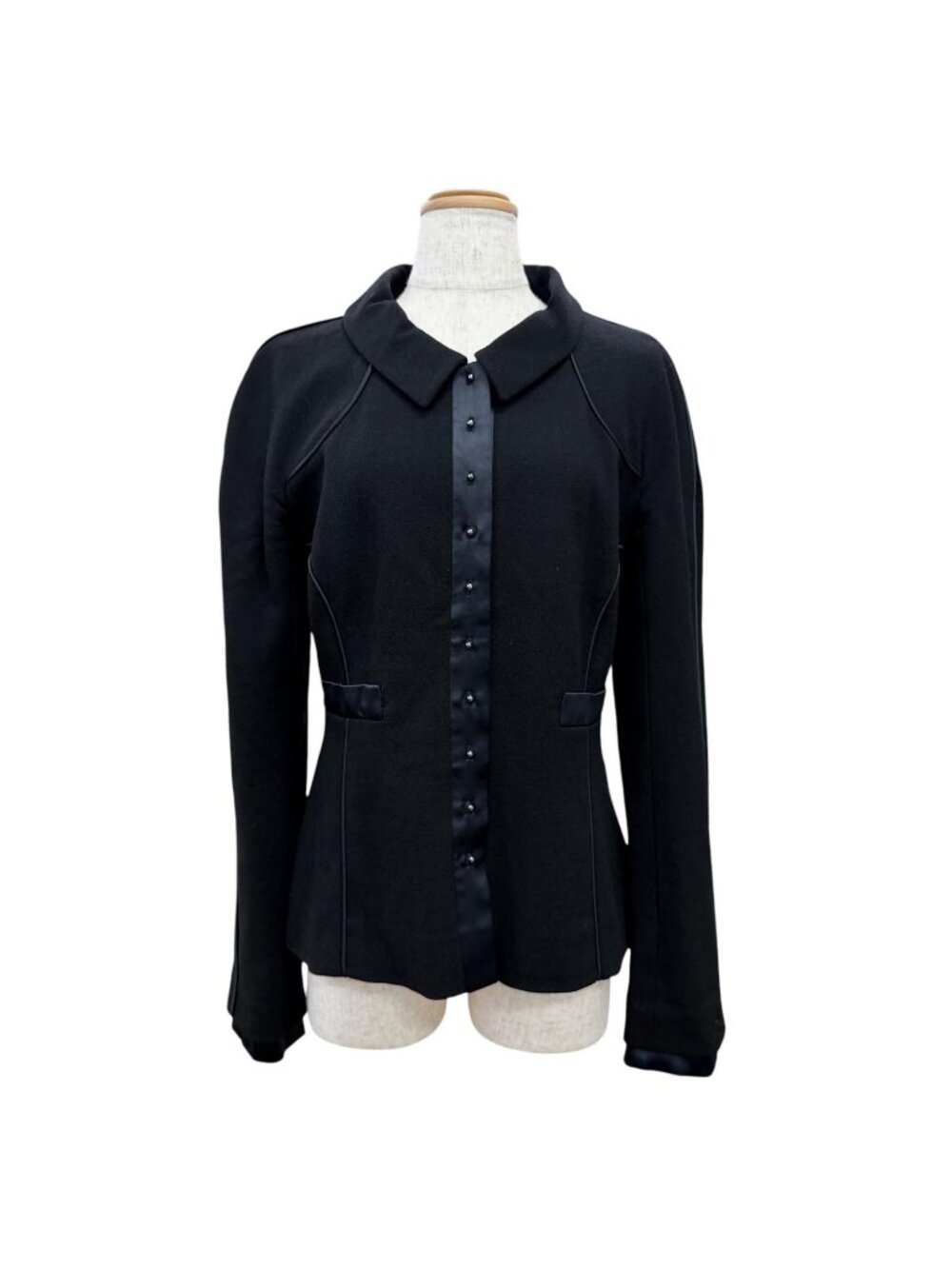 Chanel Vintage Wool Silk CC Logo Piping Jacket Black Navy 40